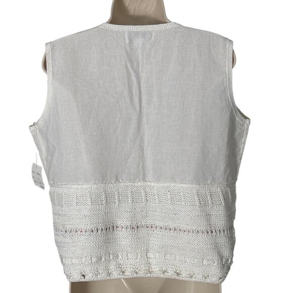 NWT Thyme Sleeveless Button Front Crochet Floral Detail Linen Blend Top Cream M - Picture 2 of 12